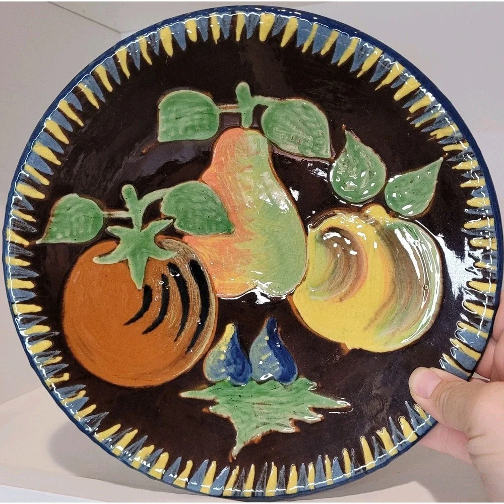 Vintage Italian Studio Pottery Embossed Fruit Plate Dark‎ Glaze Sign Luigiolanta